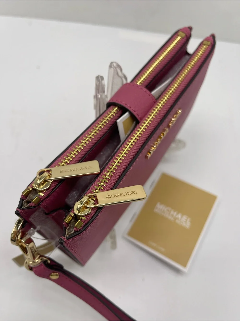 MICHAEL KORS Jet Set Travel Lg Double Zip Leather Wristlet Wallet Rosewood  NWT